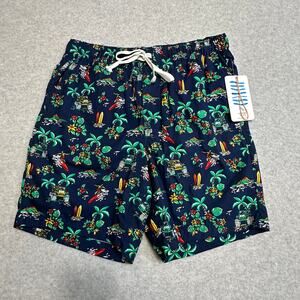 Oxford Blue Swim Shorts Mens S Navy All Over Tropical Print Elastic Waist Cotton
